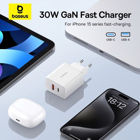 Сетевое зарядное устройство Baseus Cube, 30 Вт, Power Delivery (PD), Fast Charge, белый, 2 порта, #P10111404213-00 Превью 2