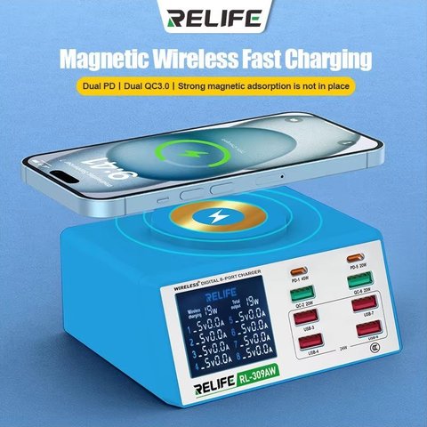Сетевое зарядное устройство RELIFE RL-309AW, 100 Вт, Quick Charge, Power Delivery (PD), с беспроводной зарядкой, 8 портов Превью 1