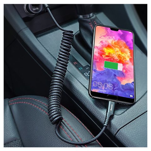 USB кабель Baseus Fish Eye Spring, USB тип-A, Lightning, 100 см, 2 A, черный, пружина , в нейлоновой оплетке, #CALSR-01 Превью 1