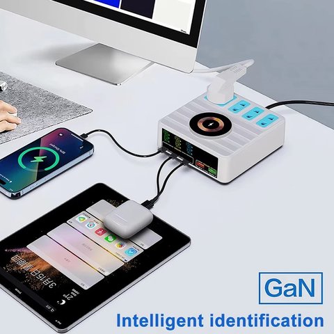 Мережевий зарядний пристрій Kingmax WLX-H13, 140 Вт, Wireless Charge, Quick Charge, Power Delivery (PD), з розеткою, 5 портів, 10 in 1 Прев'ю 1