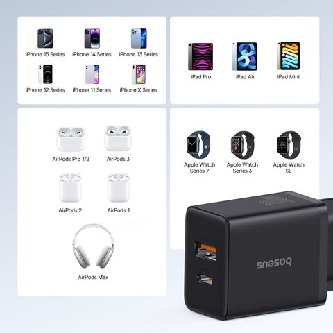 Мережевий зарядний пристрій Baseus Cube, 30 Вт, Power Delivery (PD), Fast Charge, чорний, 2 порта, #P10111404113-00 Прев'ю 8